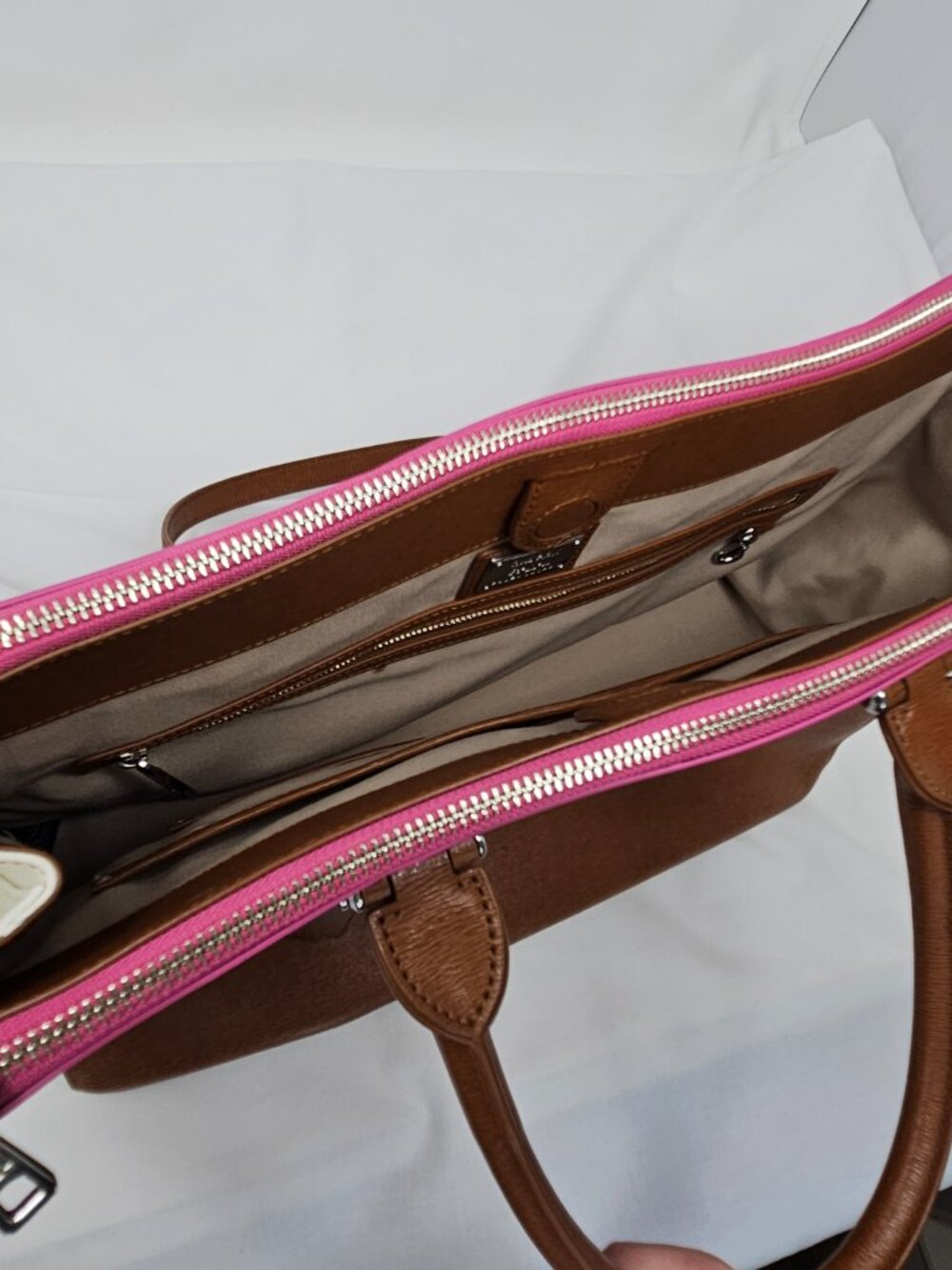 Lauren Ralph Lauren Newbury Tri-Color Leather Handbag - Brown / Vanilla / Rose - Picture 7 of 11